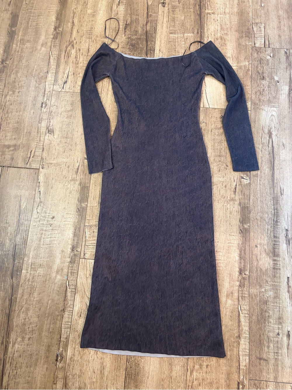 Zara Off-Shoulder Long Sleeve Maxi Dress in Charcoal, bodycon